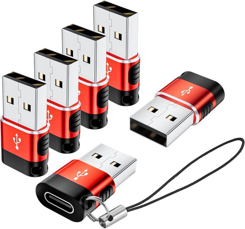 BaseNew Store USB to USB C Adapter 6 Pack,USB Type C Adapter,USB A to C Adaptor,USBC Female USBA Male Converter for iPhone 16 15 14 13,MacBook,iPad,Car Play,Charger,Red - Image 1